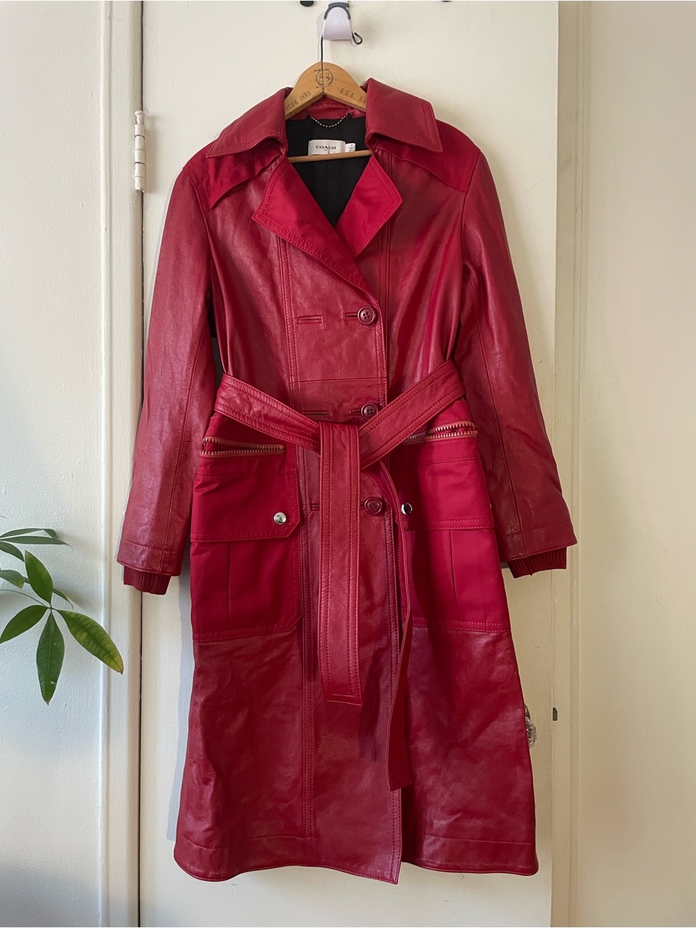COACH Red Leather Trench Coat with Belt - Women